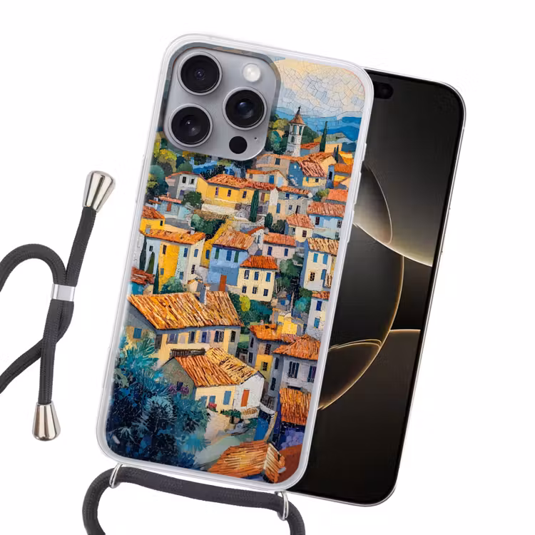 Dorp - Heuvels - Landschap - Bomen Hoesje iPhone 16 Pro Max met koord klein -sfeer1
