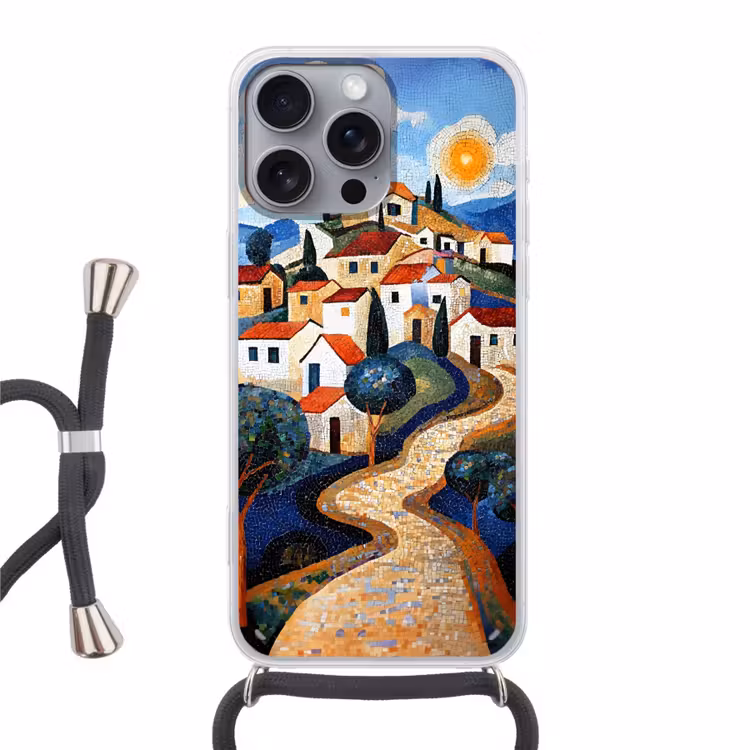 Dorp - Heuvelachtig - Zon - Mozaïek Hoesje iPhone 16 Pro Max met koord klein -3d