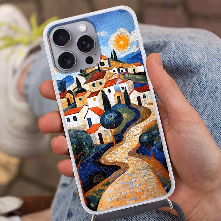 Dorp - Heuvelachtig - Zon - Mozaïek Hoesje iPhone 16 Pro Max met koord klein -sfeer3