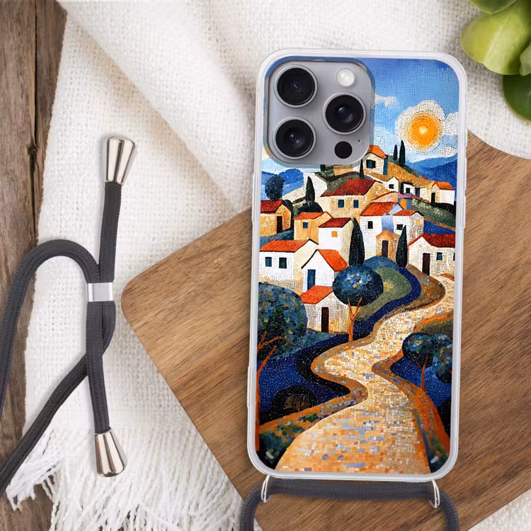 Dorp - Heuvelachtig - Zon - Mozaïek Hoesje iPhone 16 Pro Max met koord klein -sfeer4