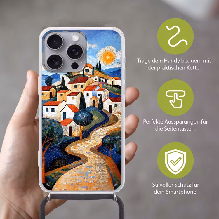 Dorp - Heuvelachtig - Zon - Mozaïek Hoesje iPhone 16 Pro Max met koord klein -sfeer2_DE