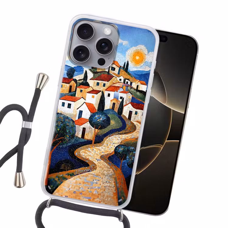 Dorp - Heuvelachtig - Zon - Mozaïek Hoesje iPhone 16 Pro Max met koord klein -sfeer1