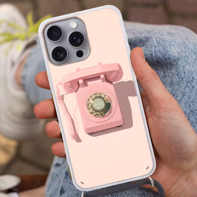 Draaischijftelefoon - Retro - Roze Hoesje iPhone 16 Pro Max met koord klein -sfeer3