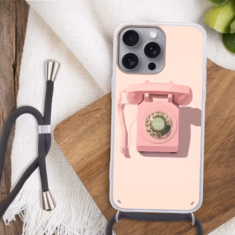 Draaischijftelefoon - Retro - Roze Hoesje iPhone 16 Pro Max met koord klein -sfeer4