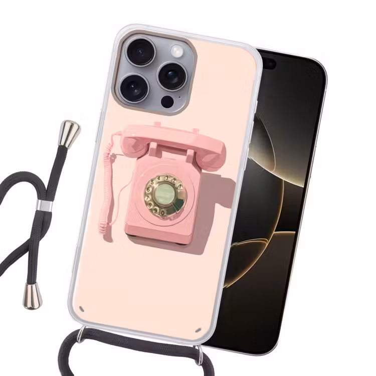 Draaischijftelefoon - Retro - Roze Hoesje iPhone 16 Pro Max met koord klein -sfeer1