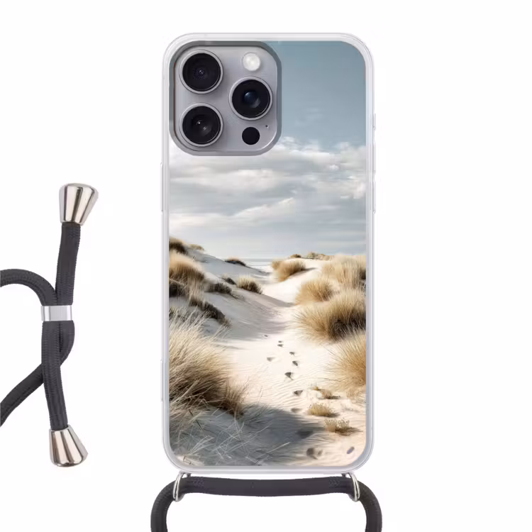 Duinen - Gras - Sporen - Wolken Hoesje iPhone 16 Pro Max met koord klein -3d