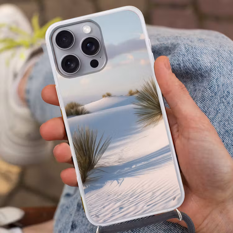 Duinen - Gras - Wolken - Beige Hoesje iPhone 16 Pro Max met koord klein -sfeer3