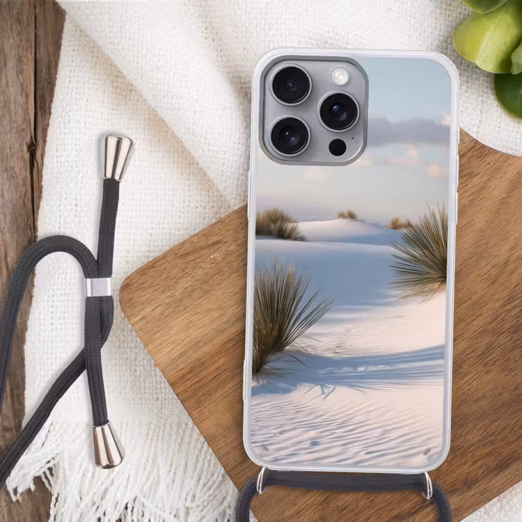 Duinen - Gras - Wolken - Beige Hoesje iPhone 16 Pro Max met koord klein -sfeer4