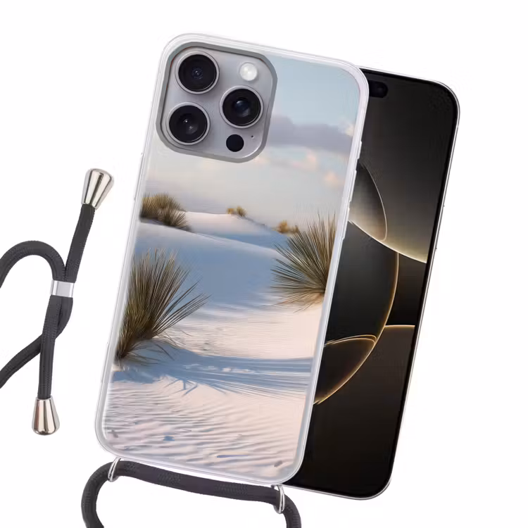 Duinen - Gras - Wolken - Beige Hoesje iPhone 16 Pro Max met koord klein -sfeer1