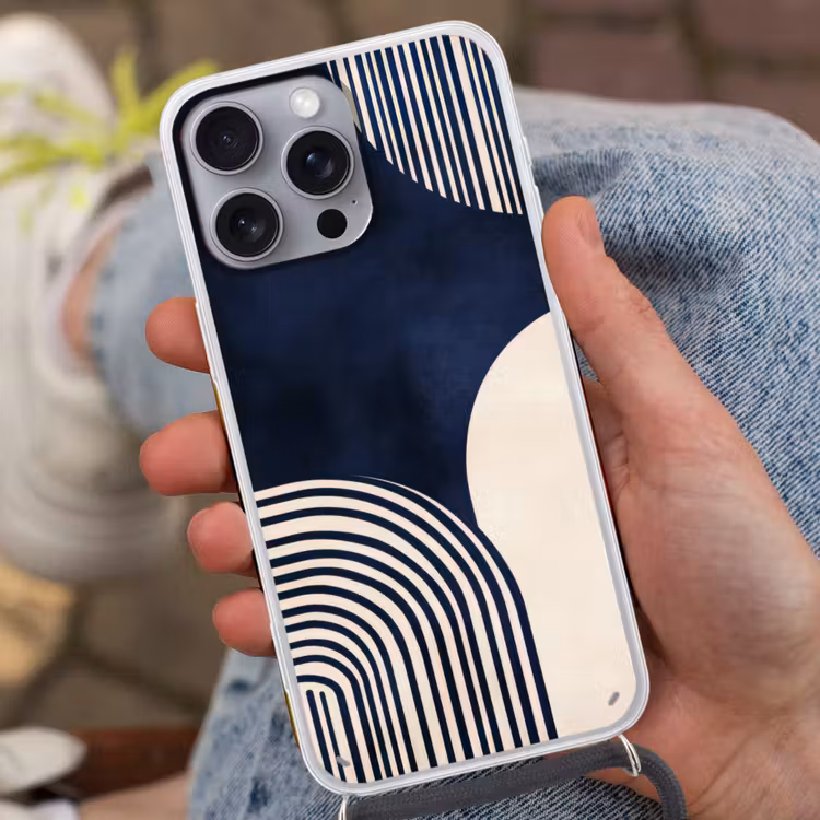 Donkerblauw - Abstract - Lijnen Hoesje iPhone 16 Pro Max met koord klein -sfeer3