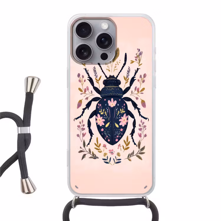 Donkerblauw - Kever - Bloemtakken - Sierlijk Hoesje iPhone 16 Pro Max met koord klein -3d