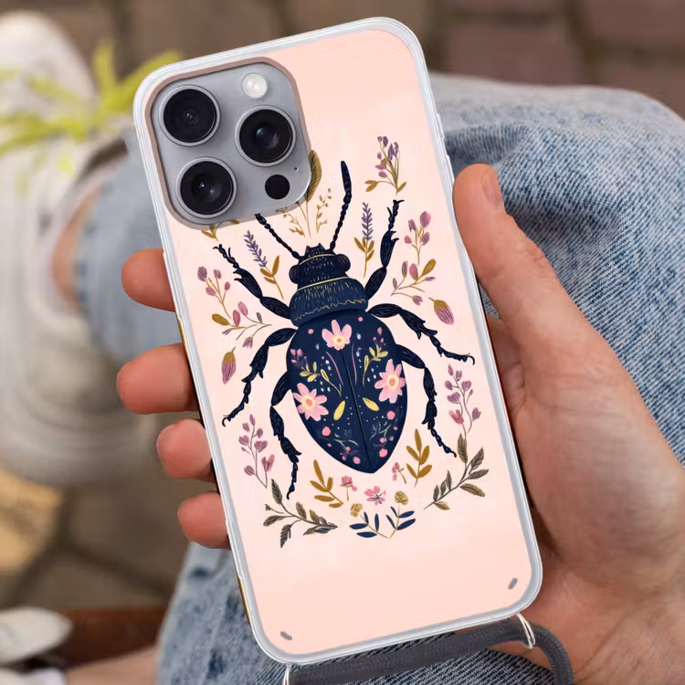 Donkerblauw - Kever - Bloemtakken - Sierlijk Hoesje iPhone 16 Pro Max met koord klein -sfeer3