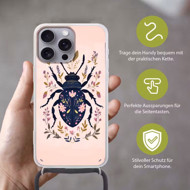 Donkerblauw - Kever - Bloemtakken - Sierlijk Hoesje iPhone 16 Pro Max met koord klein -sfeer2_DE