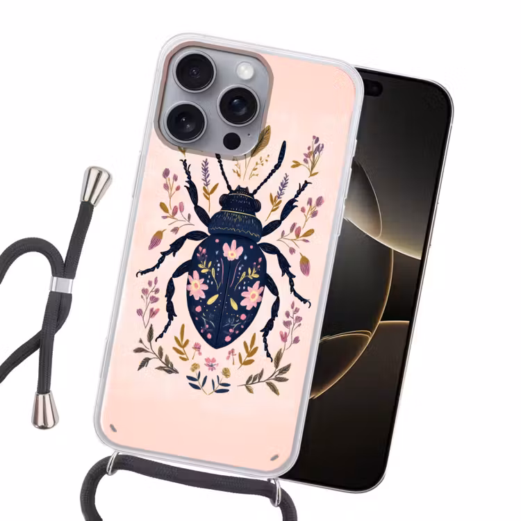 Donkerblauw - Kever - Bloemtakken - Sierlijk Hoesje iPhone 16 Pro Max met koord klein -sfeer1