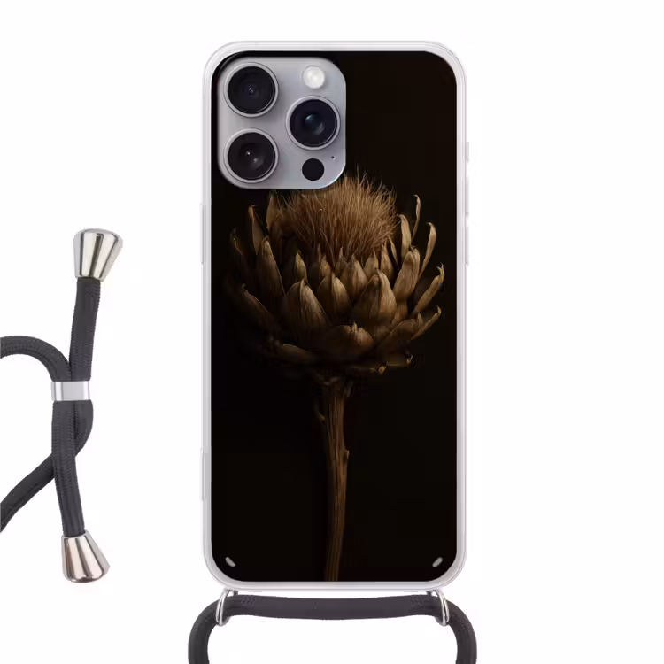 Donkerbruin - Bloem - Textuur - Artisjok Hoesje iPhone 16 Pro Max met koord klein -3d