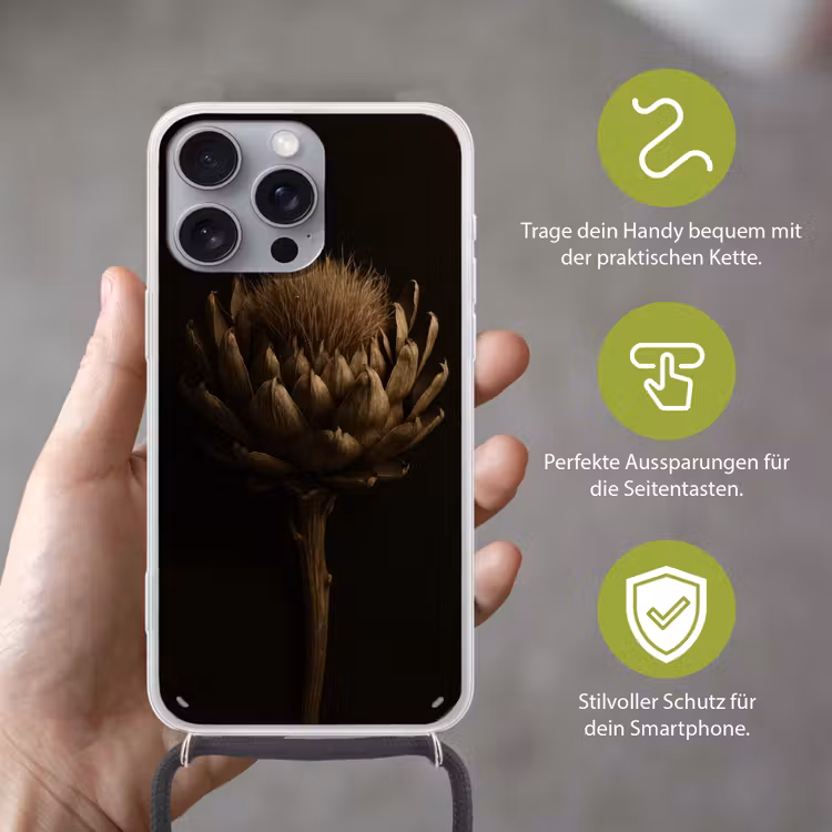 Donkerbruin - Bloem - Textuur - Artisjok Hoesje iPhone 16 Pro Max met koord klein -sfeer2_DE