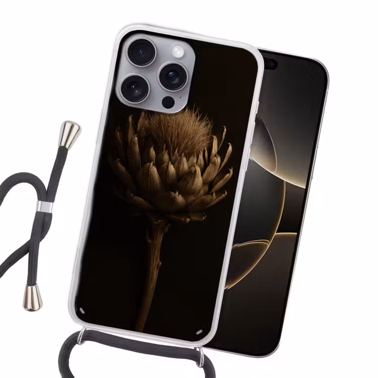 Donkerbruin - Bloem - Textuur - Artisjok Hoesje iPhone 16 Pro Max met koord klein -sfeer1