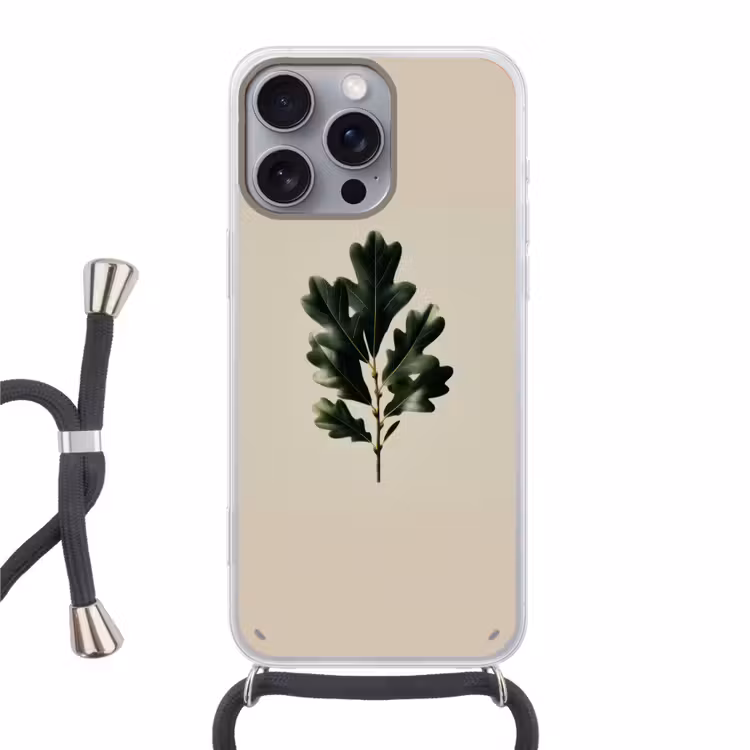 Eikenbladeren - Beige - Groen - Golvende randen Hoesje iPhone 16 Pro Max met koord klein -3d