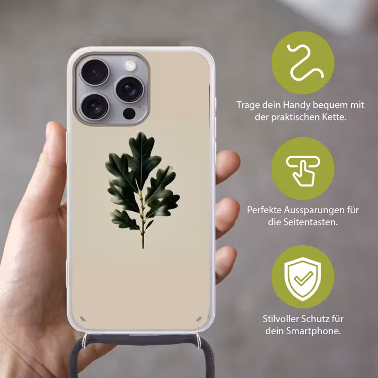 Eikenbladeren - Beige - Groen - Golvende randen Hoesje iPhone 16 Pro Max met koord klein -sfeer2_DE
