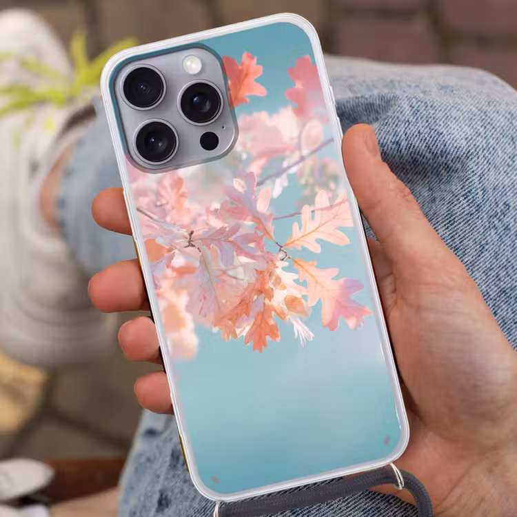 Eikenbladeren - Takken - Roze Hoesje iPhone 16 Pro Max met koord klein -sfeer3