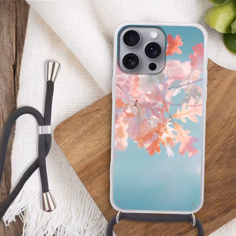 Eikenbladeren - Takken - Roze Hoesje iPhone 16 Pro Max met koord klein -sfeer4