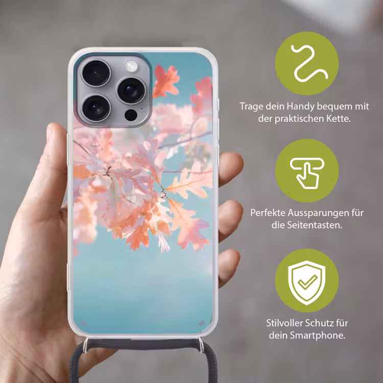 Eikenbladeren - Takken - Roze Hoesje iPhone 16 Pro Max met koord klein -sfeer2_DE