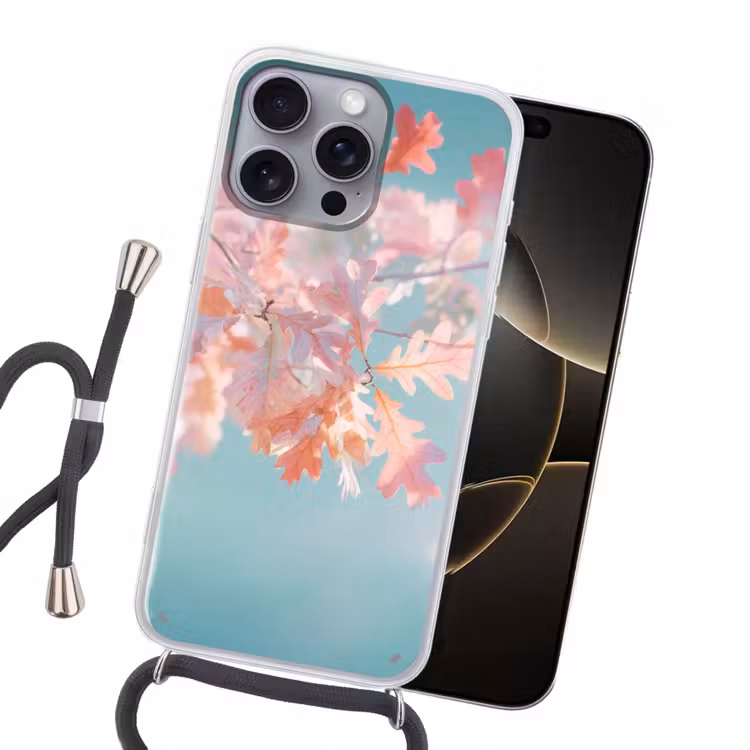 Eikenbladeren - Takken - Roze Hoesje iPhone 16 Pro Max met koord klein -sfeer1