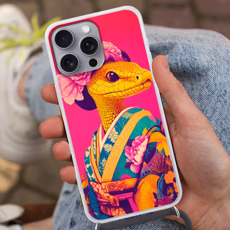 Hagedis - Bloemen - Roze - Kimono Hoesje iPhone 16 Pro Max met koord klein -sfeer3
