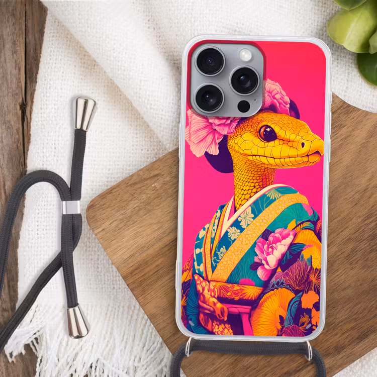 Hagedis - Bloemen - Roze - Kimono Hoesje iPhone 16 Pro Max met koord klein -sfeer4