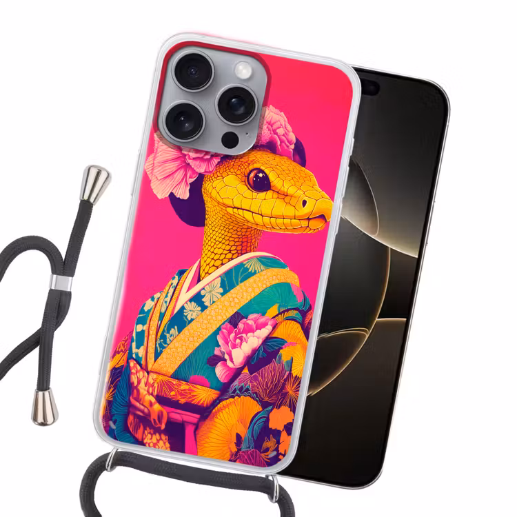 Hagedis - Bloemen - Roze - Kimono Hoesje iPhone 16 Pro Max met koord klein -sfeer1