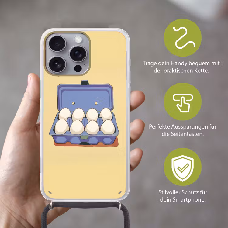 Eieren - Doos - Minimalistisch - Blauw Hoesje iPhone 16 Pro Max met koord klein -sfeer2_DE