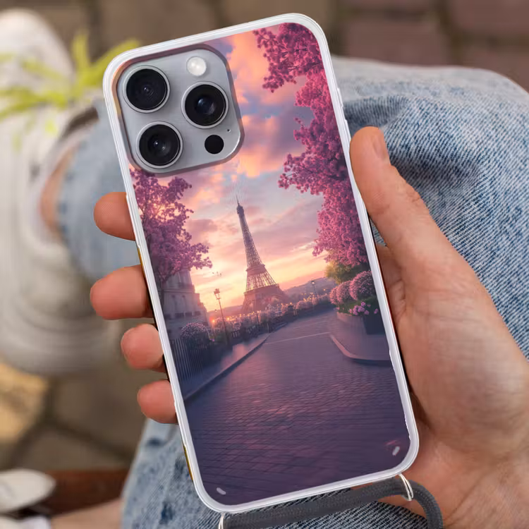 Eiffeltoren - Parijs - Roze Hoesje iPhone 16 Pro Max met koord klein -sfeer3