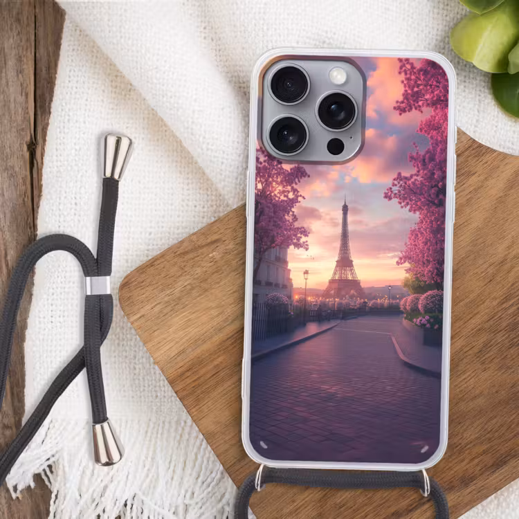 Eiffeltoren - Parijs - Roze Hoesje iPhone 16 Pro Max met koord klein -sfeer4