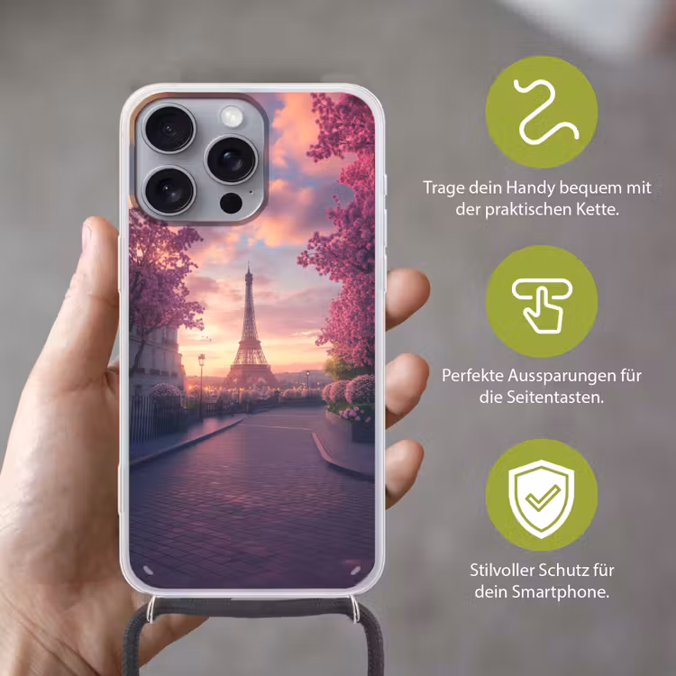 Eiffeltoren - Parijs - Roze Hoesje iPhone 16 Pro Max met koord klein -sfeer2_DE