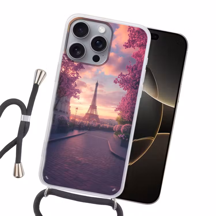Eiffeltoren - Parijs - Roze Hoesje iPhone 16 Pro Max met koord klein -sfeer1