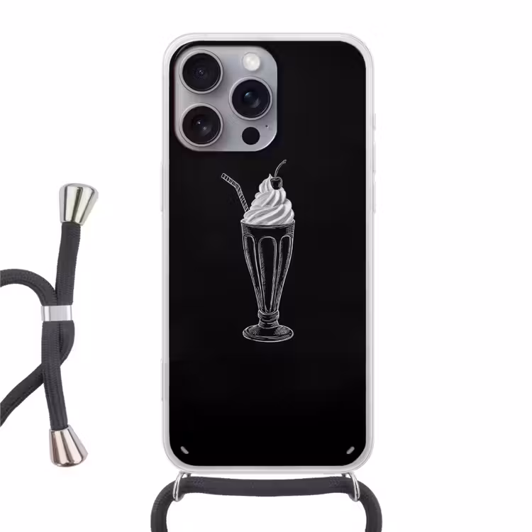Ijscoupe - Kers - Krijtstijl - Slagroom Hoesje iPhone 16 Pro Max met koord klein -3d