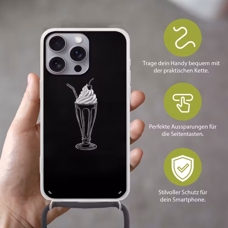 Ijscoupe - Kers - Krijtstijl - Slagroom Hoesje iPhone 16 Pro Max met koord klein -sfeer2_DE