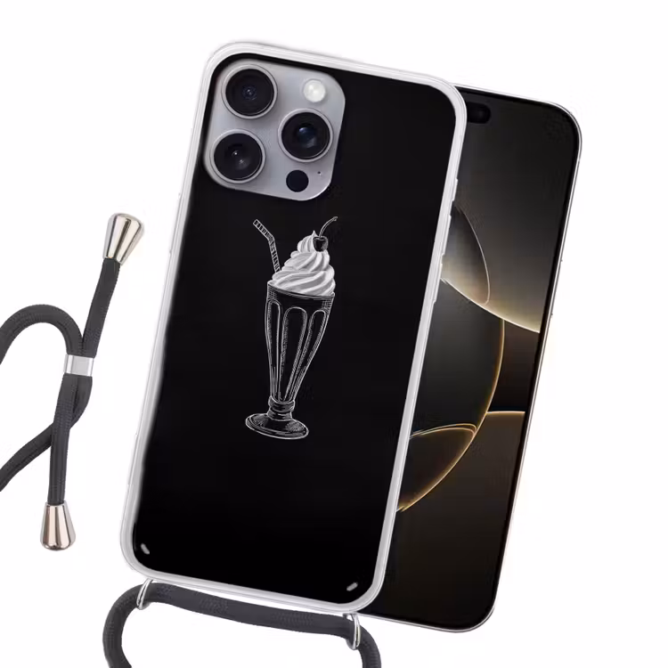 Ijscoupe - Kers - Krijtstijl - Slagroom Hoesje iPhone 16 Pro Max met koord klein -sfeer1