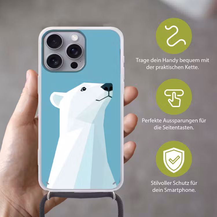 Ijsbeer - Lichtblauw - Minimalistisch Hoesje iPhone 16 Pro Max met koord klein -sfeer2_DE