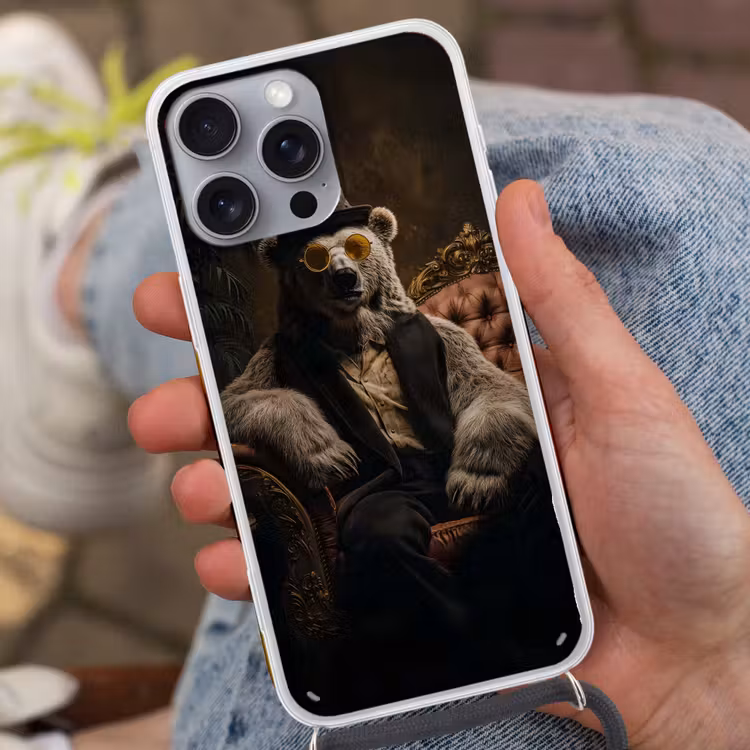 Ijsbeer - Hoed - Bril - Stoel Hoesje iPhone 16 Pro Max met koord klein -sfeer3