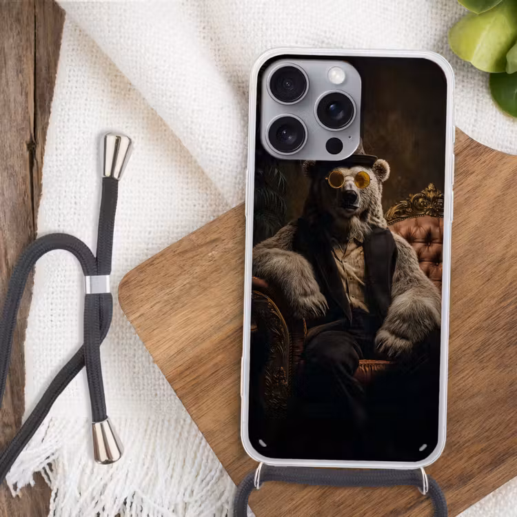 Ijsbeer - Hoed - Bril - Stoel Hoesje iPhone 16 Pro Max met koord klein -sfeer4