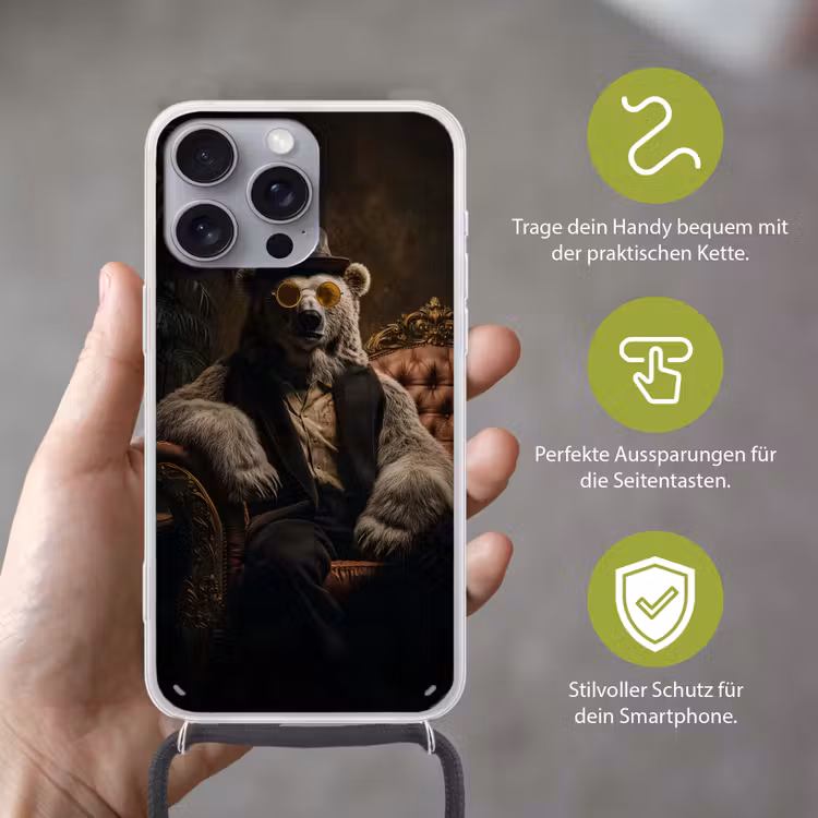 Ijsbeer - Hoed - Bril - Stoel Hoesje iPhone 16 Pro Max met koord klein -sfeer2_DE