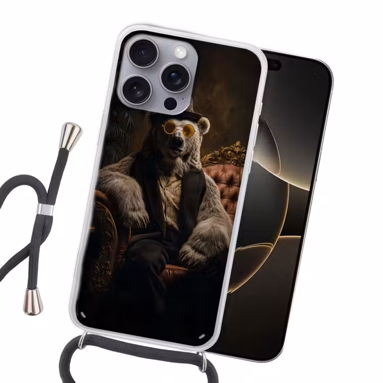 Ijsbeer - Hoed - Bril - Stoel Hoesje iPhone 16 Pro Max met koord klein -sfeer1