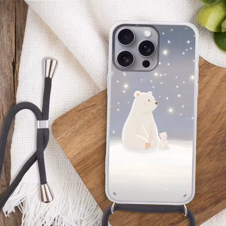 Ijsbeer - Sneeuw - Sterren - Blauw Hoesje iPhone 16 Pro Max met koord klein -sfeer4