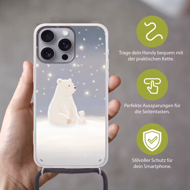 Ijsbeer - Sneeuw - Sterren - Blauw Hoesje iPhone 16 Pro Max met koord klein -sfeer2_DE