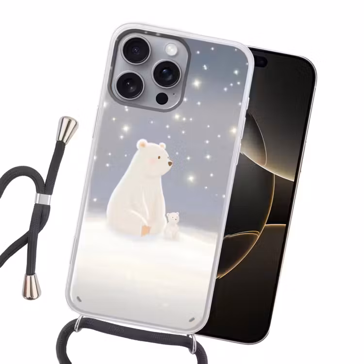 Ijsbeer - Sneeuw - Sterren - Blauw Hoesje iPhone 16 Pro Max met koord klein -sfeer1