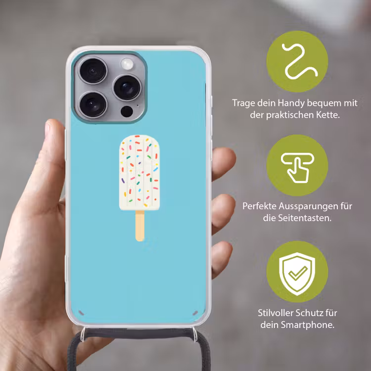 Ijsje - Stokje - Sprinkles - Lichtblauw Hoesje iPhone 16 Pro Max met koord klein -sfeer2_DE