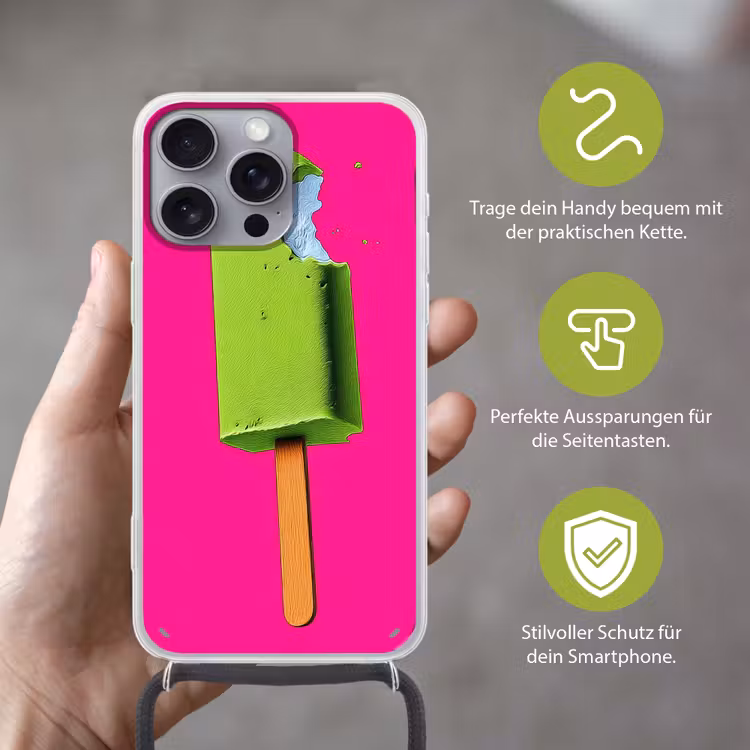 Ijsje - Stokje - Minimalistisch - Groen Hoesje iPhone 16 Pro Max met koord klein -sfeer2_DE