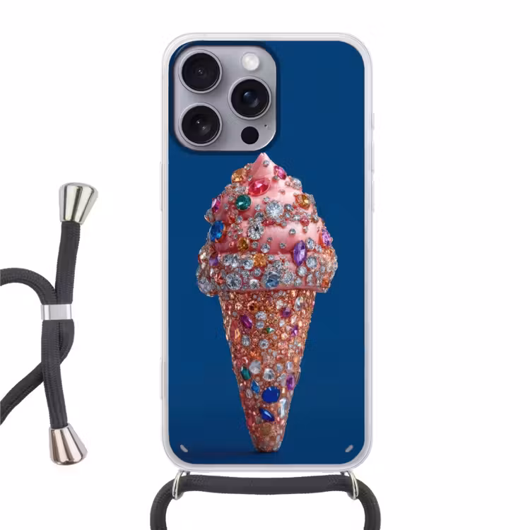 Ijsje - Hoorntje - Steentjes - Blauw Hoesje iPhone 16 Pro Max met koord klein -3d