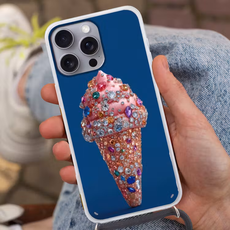 Ijsje - Hoorntje - Steentjes - Blauw Hoesje iPhone 16 Pro Max met koord klein -sfeer3